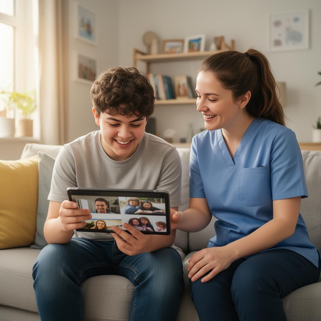 A carer and an adult with a learning disability looking through a photo album together