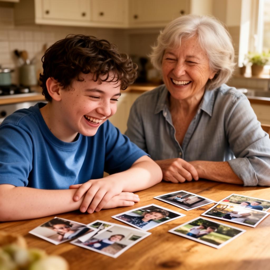 A young adult with learning disabilities and their support worker looking at photos together