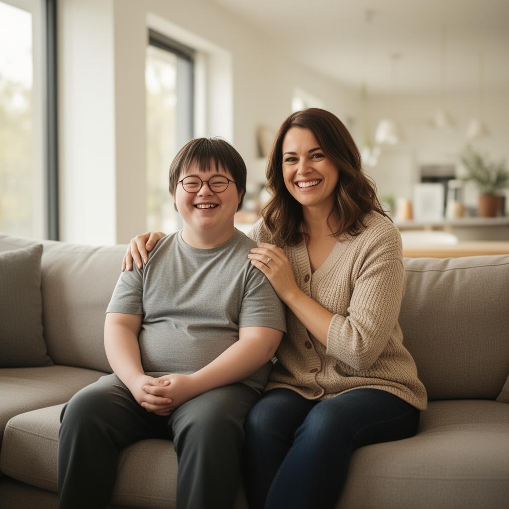 A young adult with learning disabilities in a warm home setting, smiling and engaged