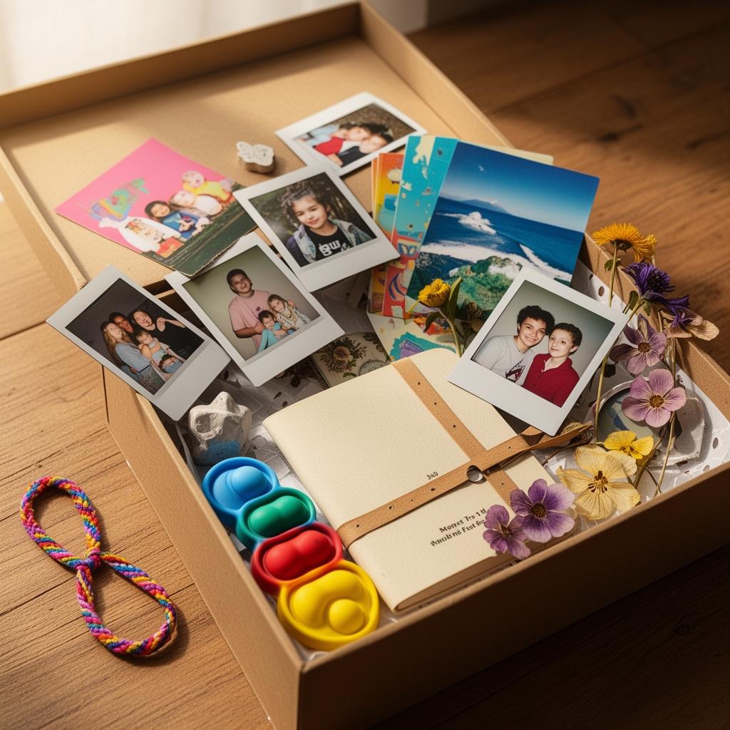 A handwritten family notebook and photographs on a wooden table